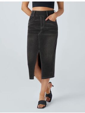Halara Flex™ High Waisted Pockets Bodycon Washed Denim Casual Midi Skirt-Black